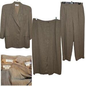 Vintage 1980;s Calvin Klein 3 Piece Set Size 14 Tan Blazer Jacket Skirt Pants